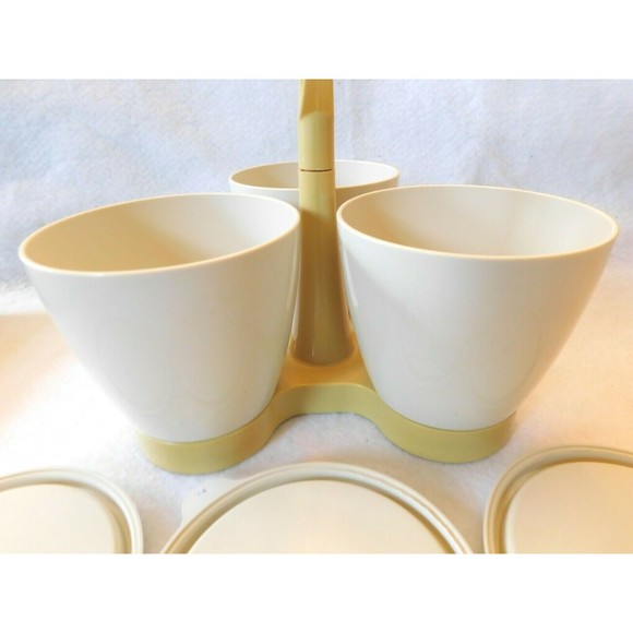 Vintage Tupperware Almond 757-3 Condiment Caddy Server W/ 3 Lids 733-1 - Picture 7 of 8